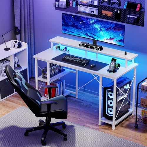DUMOS 47” Gaming Desk with USB Charging Ports & LED Lights, White - Image 2
