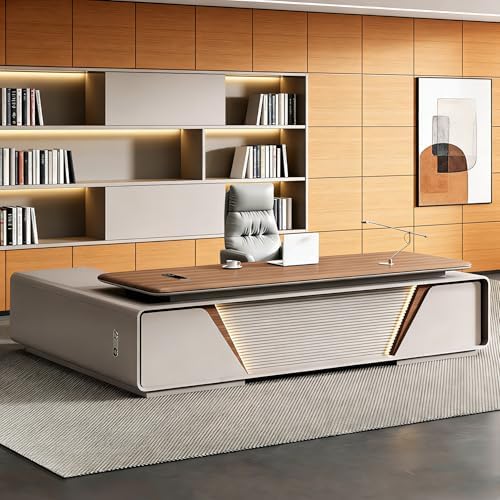 Modern L Shaped Executive Desk with Drawers & Storage, Executive Office Desk Computer Table with Aluminum Alloy Inlaid Curved Surface, Management Workstation for Home or Office(C-Right, L1.8M/71IN) by Unknown