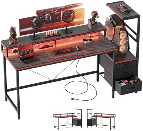 Mericonia 52 inch Gaming Desk with Drawers, Reversible Computer Desk, Black by MERICONIA