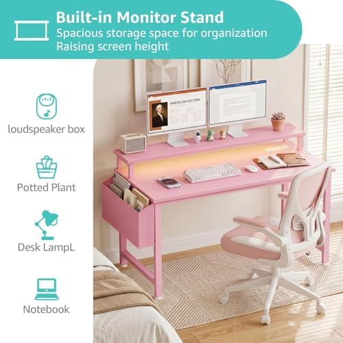 Lufeiya Small Girls Desk with Power Outlets and LED Lights, 32 Inch Gaming Desk Table with Charging Station, Home Office Computer Desks with Monitor, Pink - Image 5