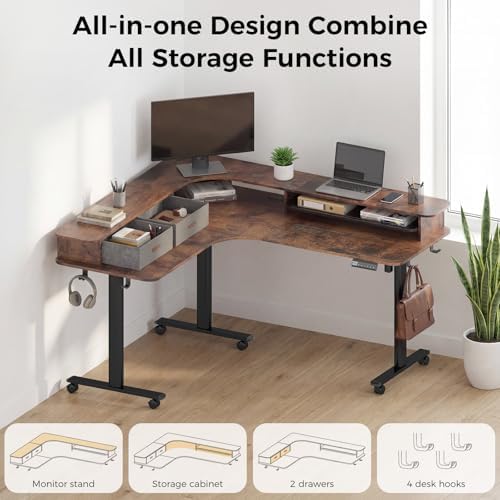 2-Tier L Shaped Electric Standing Desk with Drawers, 63 x 55 Height Adjustable Desk with Memory Controller, Storage, Corner Desk Sit Stand up Computer Table for Home Office,Rustic Brown - Image 4