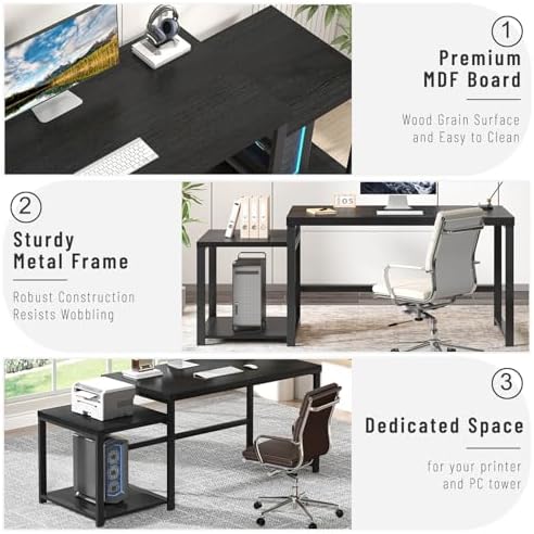 FOLUBAN Large Home Office Desk, Black Computer Desk with Storage Shelves, Modern Wood Writing Study Gaming Table for Bedroom Living Room, 63 Inch - Image 5