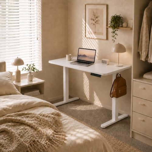 Electric Standing Desk, 40" x 24" Adjustable Height Sit Stand Desk, Small Space Workstation, Compact Computer Desk for Home Office, Stable Steel Frame (White) - Image 2