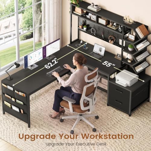 SEDETA L Shaped Gaming Desk with Hutch, Convertible 97.6" Two Person Office Desk with Drawers and Bookshelf, Corner Computer Desk with Power Outlet, LED Lights, Black - Image 7