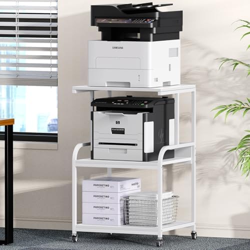 EasyCom Printer Stand- Large 3 Tier Printer Table with Wheels- Industrial Printer Storage Cart- Rolling Printer Cart with Storage Shelf for Printer Scanner Fax Home Office Use- White by EasyCom