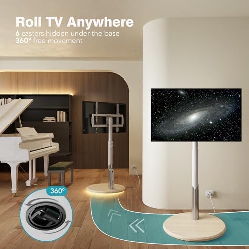Floor Mobile TV Stand with Power Outlet, Rolling TV Cart for 27-70 Inch OLED LED Monitors, 6 Levels of Height Adjustment, Ambient Lighting on the Bottom Wheels Holds up to 88lbs, 400x400mm - Image 2