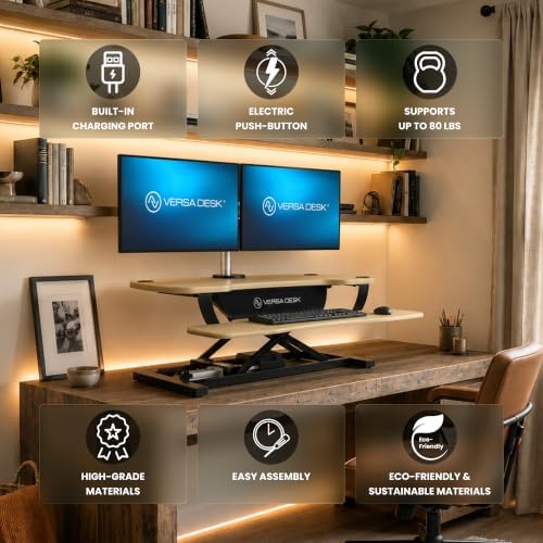 VERSADESK PowerPro 40 Inch Electric Standing Desk Converter – Push-Button Height Adjustable Sit to Stand Desk Riser for Triple Monitors & Laptop – Motorized Desktop Workstation with Wide Keyboard Tray - Image 3