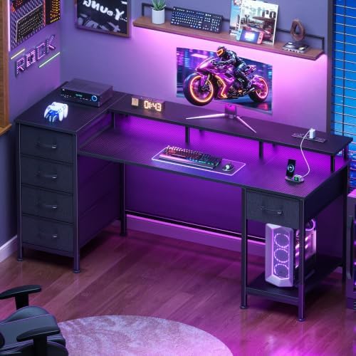 Korfile 55 Inch Gaming Desk with Power Outlets and LED Lights, Reversible Computer Desk with 5 Fabric Storage Drawers, Home Office Desk with Monitor Stand for Working Writing Study, Carbon Fiber Black - Image 3