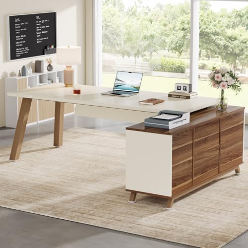 Tribesigns 78.7-Inch Executive Desk, L-Shaped Desk with 55-Inch Cabinet, Large Office Desk with Storage Shelves, Modern Computer Desk for Home Office, White & Walnut - Image 6