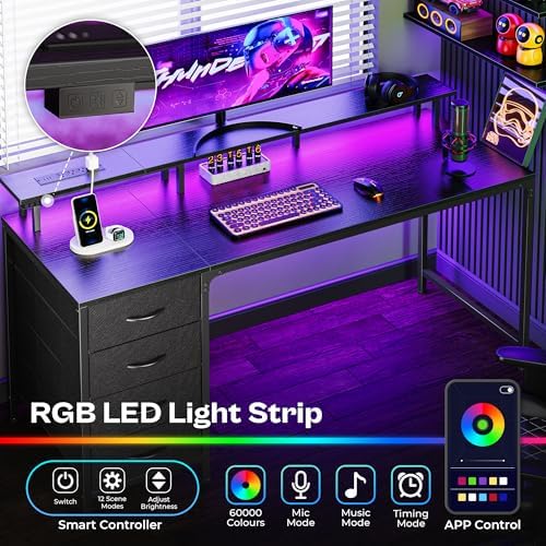 Huuger 55 Inch Computer Desk with Power Outlets and LED Lights, Gaming Desk with 4 Drawers, Office Desk with Monitor Stand, Study Work Home Office, Black - Image 4