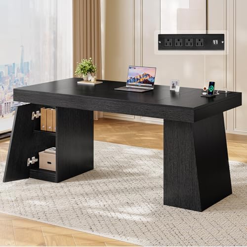 UPOSOJA 55.9 in Executive Desk with Power Outlets, Modern Home Office Desk with Storage Cabinet, Wood Computer Desk Business Workstation Desk Conference Table, Black (Storage Cabinet) by UPOSOJAWishesYouaNiceDay