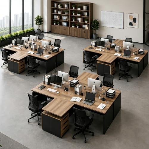 63 Inch L-Shaped Executive Desk Set of 4, Industrial Modern Wood Office Desk with 3 Drawers, Built-in Cable Management & Power Outlet, Real Wood Finish, Reversible Left/Right Return Home Workstation - Image 5
