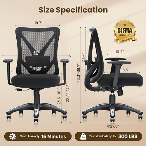 Ergonomic Office Chair, Mesh Computer Desk Chairs with BIFMA X5.1 Certified, Adjustable Lumbar Support, 3D Arm, Tilt Back, Wide Seat, Comfy Swivel Work Task Chair for Company and Home (Onyx Black) - Image 3