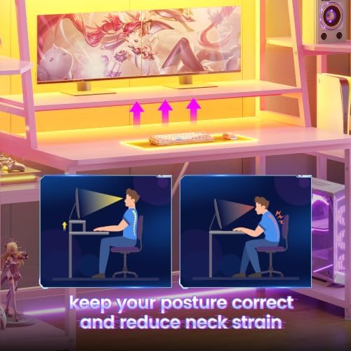 SEDETA 65.7'' Gaming Desk with LED Lights, Hutch and Storage Shelves, Pink - Image 6