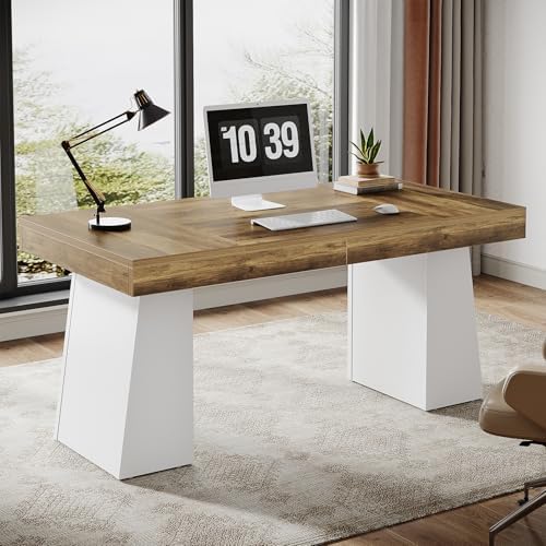 Tribesigns 55 Inches Executive Desk, Mid-Century Modern Home Office Desk, Wood Computer Table Business Workstation Small Conference Table, White & Brown - Image 7
