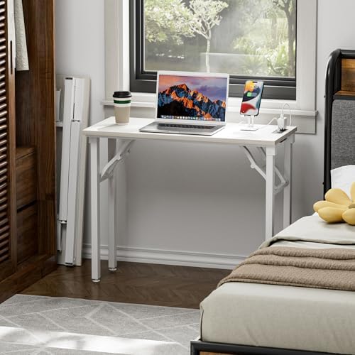TEMI Small Computer Desk Folding Table - No Assembly, Compact 35.8" Foldable Desk with Power Outlets & USB Charging Port, Portable Small Office Desk, Ideal Mini Study Table for Narrow Spaces,White Ash - Image 2