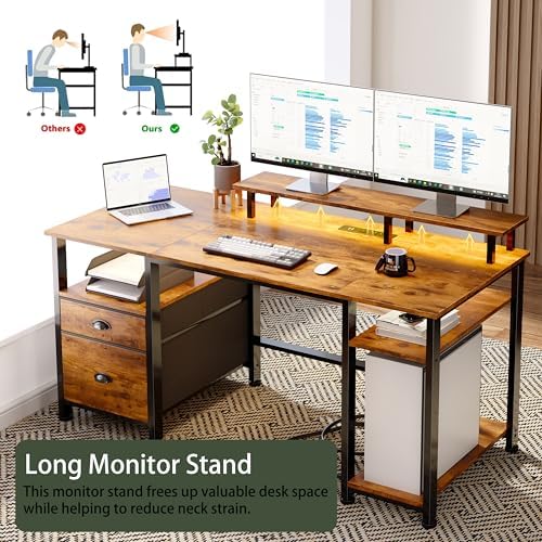 Furologee 51" Computer Desk with Outlets & LED, Desk with Drawers, Brown - Image 7