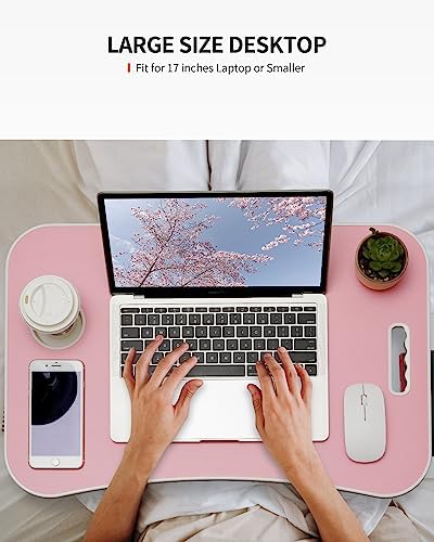 FISYOD Foldable Laptop Table, Portable Lap Desk Bed Table Tray, Laptop Stand with Cup Holder & Tablet Slot & Lifting Handle for Working Writing Drawing & Eating (Pink) - Image 4