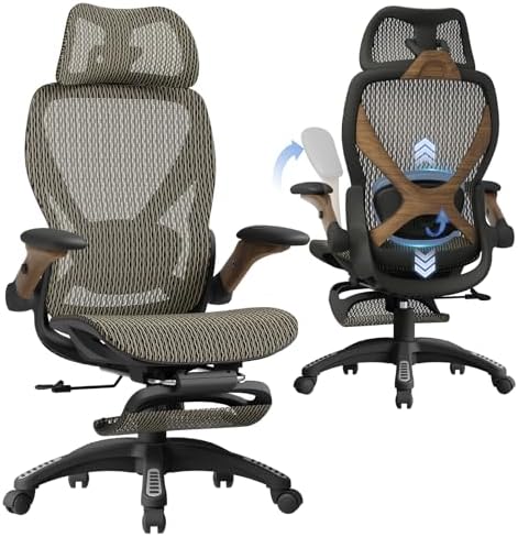 ELABEST X100 Ergonomic Mesh Office Chair with Footrest, Big and Tall Home Desk Chair with 5D Flip-Up Arms, Adjustable 3D Lumbar Support, Gaming & Executive Computer Chair (Coffee Break) by ELABEST