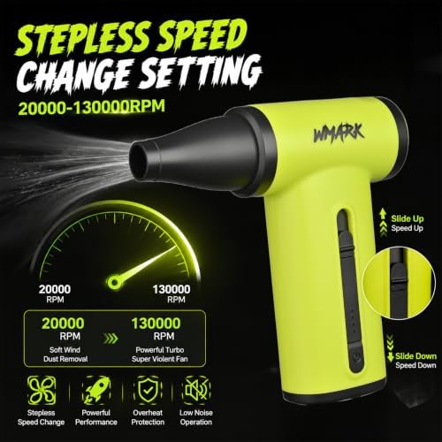 WMARK Electric Adjustable Turbo Jet Fan Compressed Air Duster - 130000 RPM Brushless Motor Mini Blower, 33m/s Max Wind Speed for Computer, Workshop, Home, Outdoor & Car, NG-TB001 (Green) - Image 3