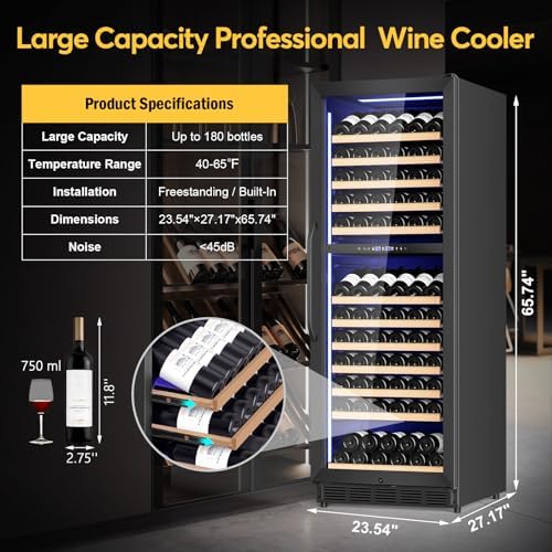 FoMup Wine Fridge Dual Zone, Freestanding Wine Cooler Refrigerator 180 Bottles Large Capacity with Sliding Rail Wooden Shelves and Door Lock, Black - Image 6