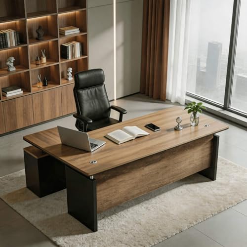 63 Inch L-Shaped Executive Desk, Industrial Modern Wood Office Desk with Locking Drawers, Built-in Cable Management & Power Outlet, Real Wood Finish, Reversible Left/Right Return Home Workstation by SAINTCY