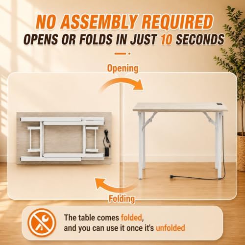Folding Table Computer Desk - 43.3" No Assembly Folding Desk with Power Outlets & USB Charging Port, Small Desk, Foldable Office Desk, Compact Storage Portable Use for Small Space, White Ash - Image 4