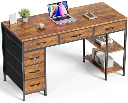 Huuger Computer Desk with 6 Drawers, Office Desk with Shelves, Reversible Gaming Desk, Corner Desk with Storage, Work for Home Office, Study, Living Room, 47inch, Rustic Brown by Huuger