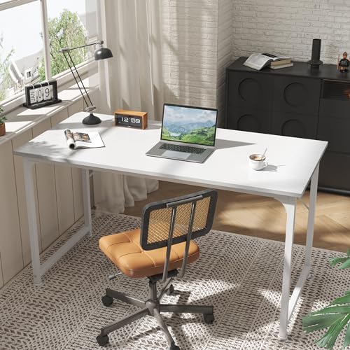Huuger Computer Desk, 55 Inch Home Office Desk, Gaming Writing Work from Home Study Desk, Large Legroom, Sturdy Metal Frame, Modern Simple, White - Image 7