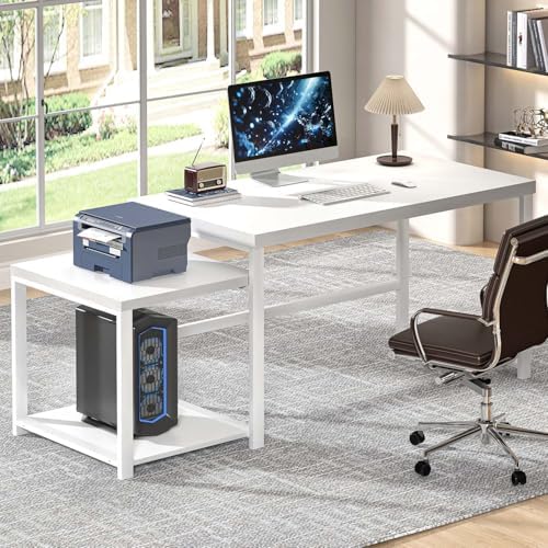 FOLUBAN Large White Computer Desk, Home Office Desk with Printer Space & PC Tower Stand, Modern Study Writing Table Workstation for Living Room Bedroom, 63 Inch by FOLUBAN