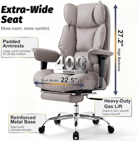 Efomao Executive Office Chair 400lbs,Grey Big and Tall Desk Chair - Image 3