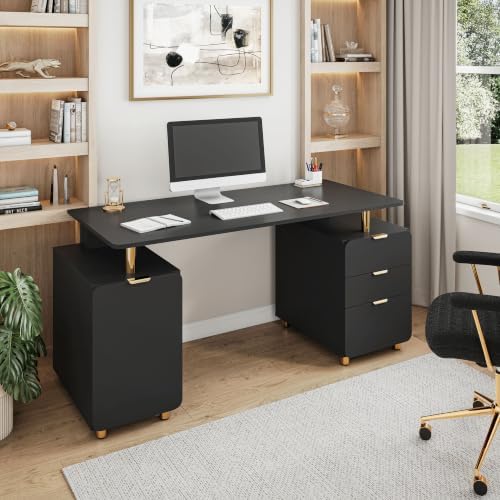 Techni Mobili 57"W Computer Desk w/ 3 Drawers & Storage Cabinet, Black/Gold - Image 2