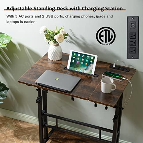 Hadulcet Mobile Standing Desk Adjustable Height, Rolling Desk Stand Up Desk, Mobile Laptop Desk, Rolling Computer Desk with Charging Station, Portable Desk with Wheels, Rustic Brown - Image 5