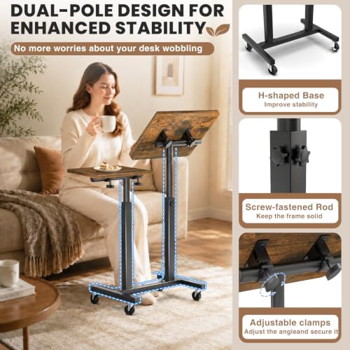 Elowen Rolling Laptop Desk with Wheels, Double-Pole Portable Overbed Table - Image 3