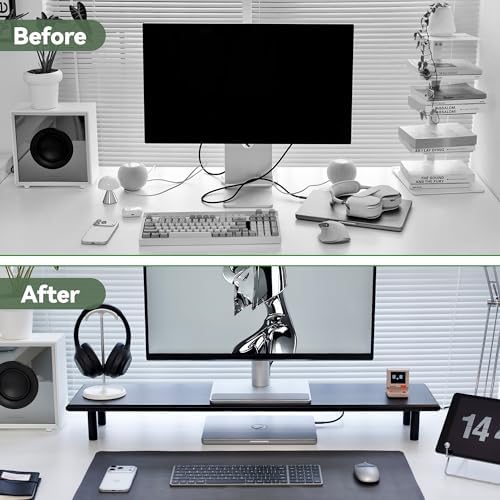 Bamboo Dual Monitor Stand Riser, Black Desk Shelf with Storage - Image 4
