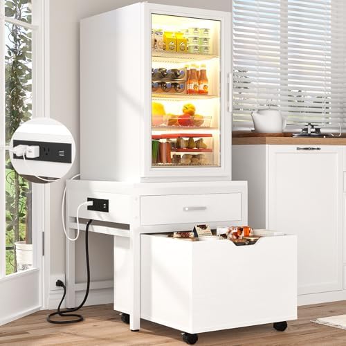 Unikito Mini Fridge Stand with Drawer Storage & Power Outlet, White by Unikito