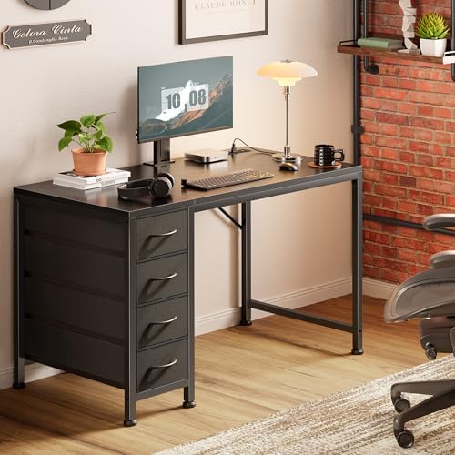 PRAISUN 39.4 Inch Computer Office Desk with Power Outelts and USB-C Port, Reversible Gaming Desk with 4 Fabric Drawers, Work Study Desk Work from Home, Black - Image 2