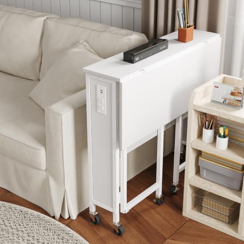 CHOEZON Folding Desk with Power Outlets, 31.5" Rolling Computer Table with Wheels, Portable Office Desk with Storage Shelf for Small Spaces White TDN01UWB - Image 3