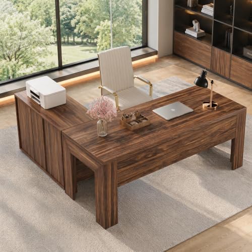 Tribesigns L Shaped Executive Office Desk with Drawers, Light Walnut - Image 6