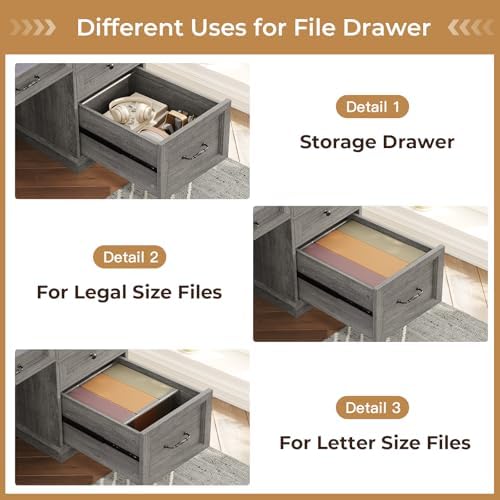BTHFST 59.1" Executive Desk with File Drawer, Charging Station, Grey - Image 3