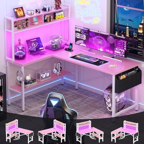 Aheaplus 59" L Shaped Desk Gaming Desk with LED Light & Power Outlet, Pink by Aheaplus