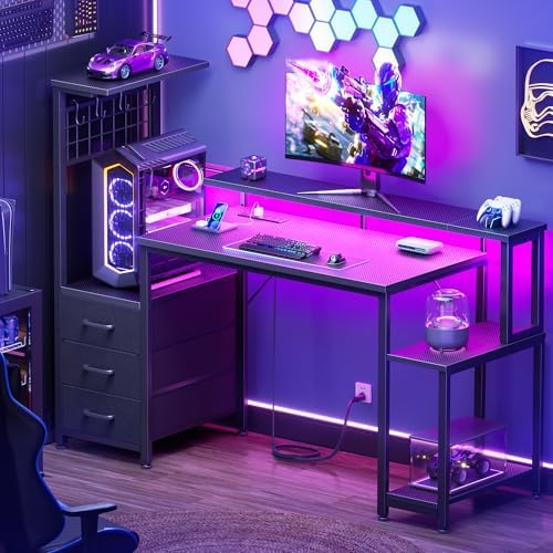 Korfile 48" Gaming Desk with Power Outlet, LED, Carbon Fiber Black Finish - Image 2