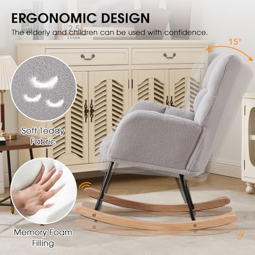 Nursery Rocking Chair, Teddy Upholstered Glider Chair with Thick Cushion, Tufted Gliding Rocker Chair with Wood Leg, Cozy Rocking Armchair, Accent Rocking Chair for Living Room (Light Gray) - Image 4