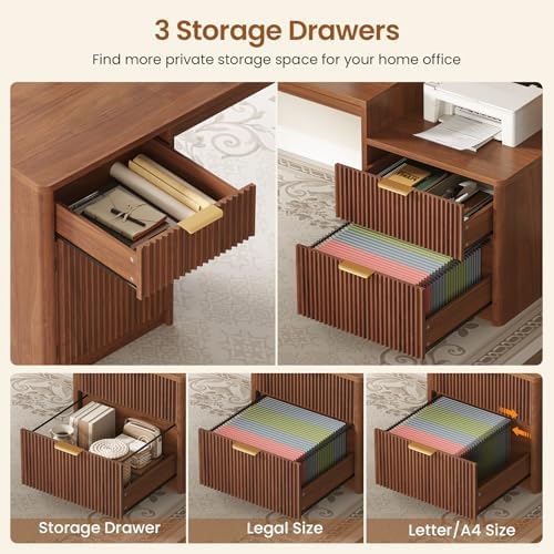SEDETA 67" x 65" L Shaped Desk with Hutch, RGB LED Corner Computer Desk with Power Sockets, Fluted Home Office Desk with File Drawer, Storage & Glass Display Cabinets for Gaming & Working, Brown - Image 5