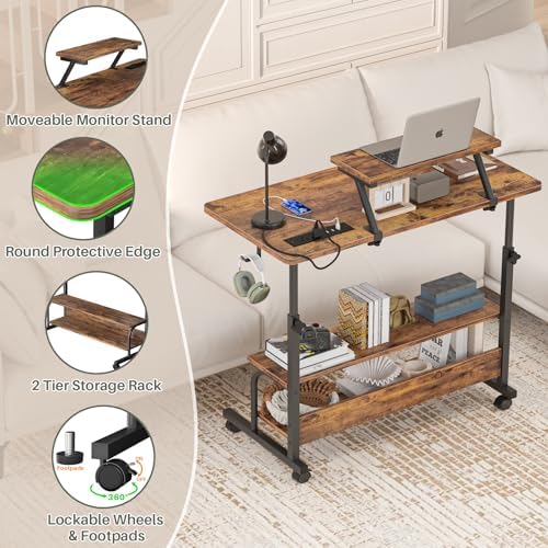 Height Adjustable Standing Desk with Power Outlets and LED Lights - 32" Manual Stand Up Desk with Monitor Stand and Storage Shelves Small Mobile Rolling Computer Desk Portable Laptop Table, Rustic - Image 6