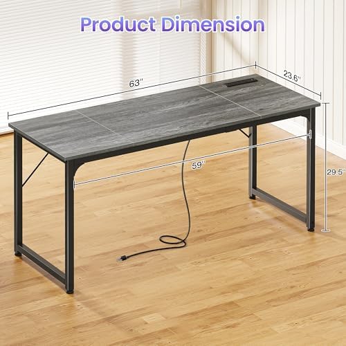 PRAISUN 63 X 24 Inch Computer Desk, Power Outlets, USB-C, Grey - Image 3