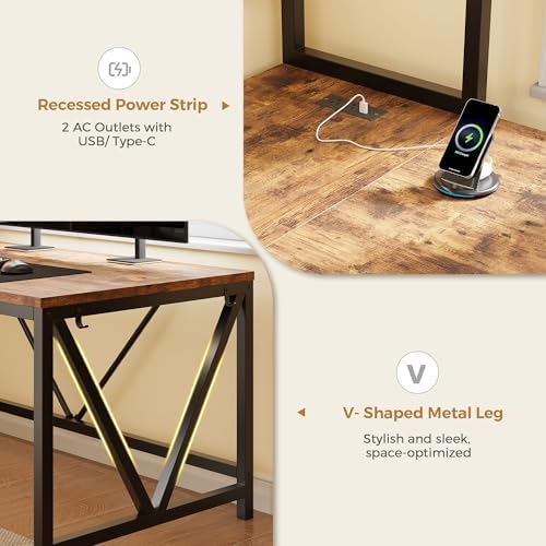 L Shaped Gaming Desk with Drawers, Corner Computer Desk with LED Tempered Glass Display Cabinet, Shaped L Office Desk with Charging Station and Fabric Drawer, PC Desk for Gaming and Office, Brown - Image 6