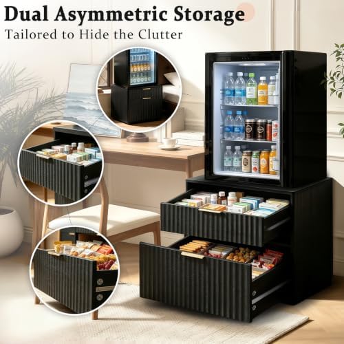 Mini Fridge Stand with Storage, Fluted Mini Fridge Cabinet with 2 Drawers, Wood Refrigerator Table Stand for College Dorm Room, Home Office & Bedroom, Black, 22.4" W - Image 4