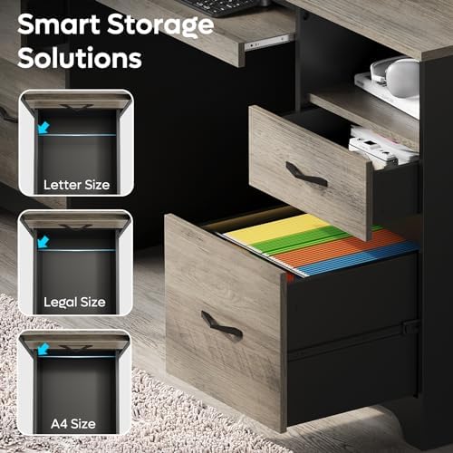 Bestier 59 Inch Office Desk with 4 Drawers, Computer Desk with Storage, Executive Desk with File Drawer, Keyboard Tray & 2 Pedestals on Both Sides for Home Office, Studio, Grey&Black - Image 4
