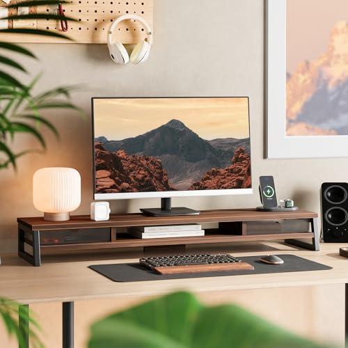 Fenge Dual Monitor Stand Riser, 42.5in Desk Shelf with 2 Drawers, Brown - Image 2